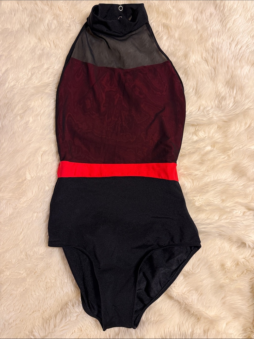 High-Mock Neck One-Piece Leotard in Black with Red Waistband